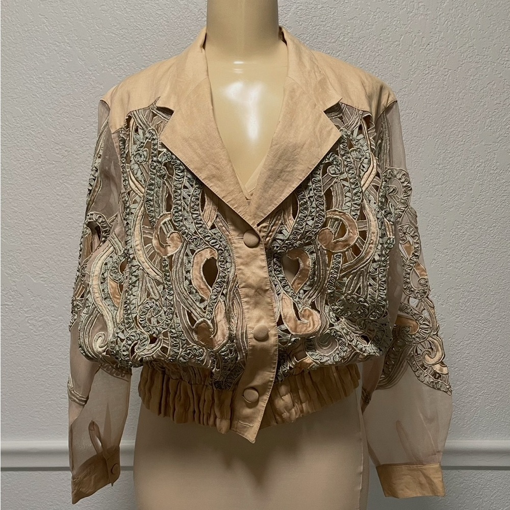 Vtg Cache Light Tan  and Cream Sheer Mesh Embroidered Cut out Jacket